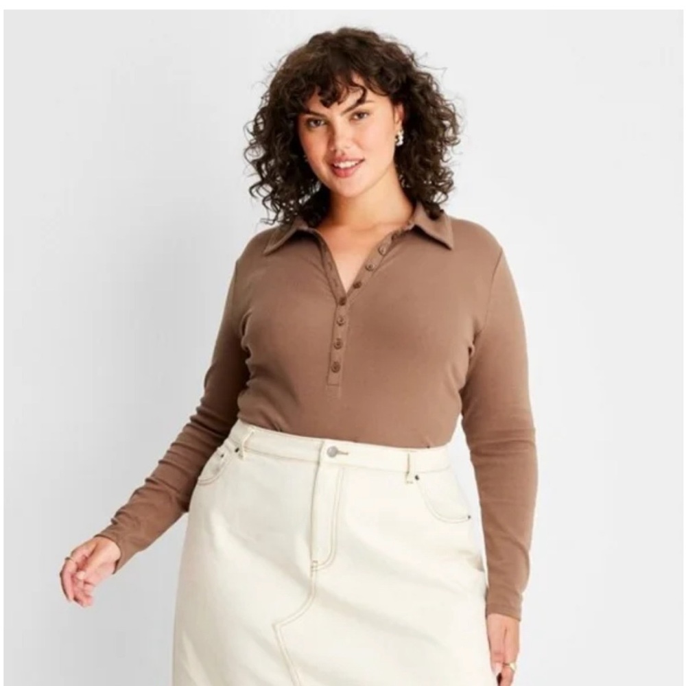 New Future Collective Reese Blutstein Mocha Henley Bodysuit Minimalist Academia - Picture 3 of 9